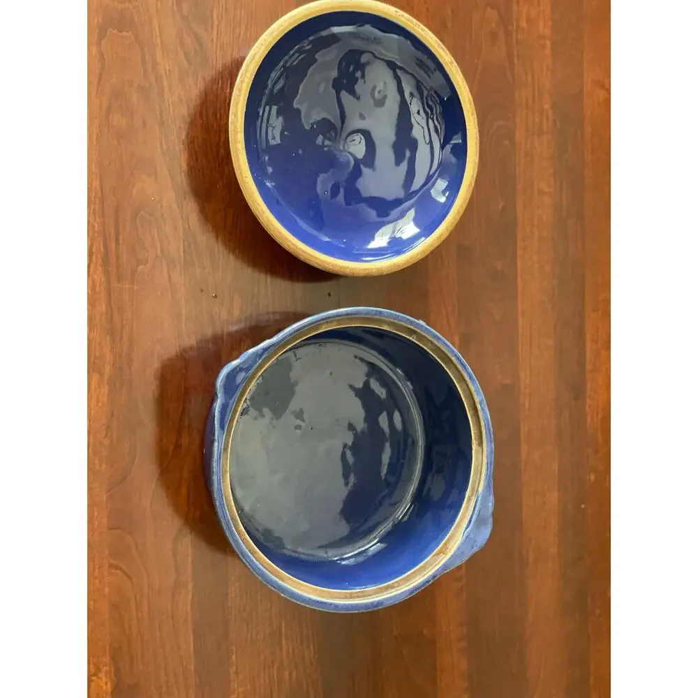 Handmade Blue Stoneware  1.5L Casserole Dish w/ Lid USA Crafted Patriotic Design